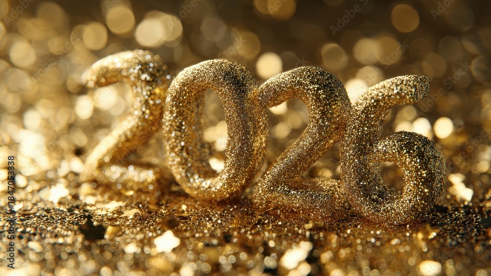 Naklejka premium Luxurious glittering gold 2025 numerals macro shot, surrounded by sparkling bokeh lights and shiny glitter dust, perfect for New Year celebration background.