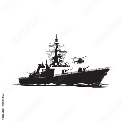 A sleek naval destroyer with a helicopter taking off from its deck