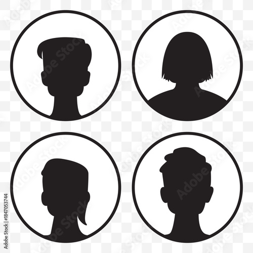 Vector illustration of eight black silhouette figures with various hairstyles and head shapes faces up On Transparent Background. EPS 10