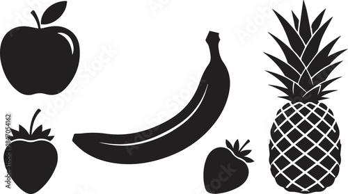 Variety of fresh fruits silhouettes apple banana strawberry pineapple healthy eating