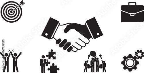 Business partnership success collaboration teamwork goals strategy icons set silhouette