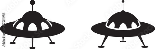 Two black and white silhouette icons of classic flying saucer ufos with landing gear and antennae