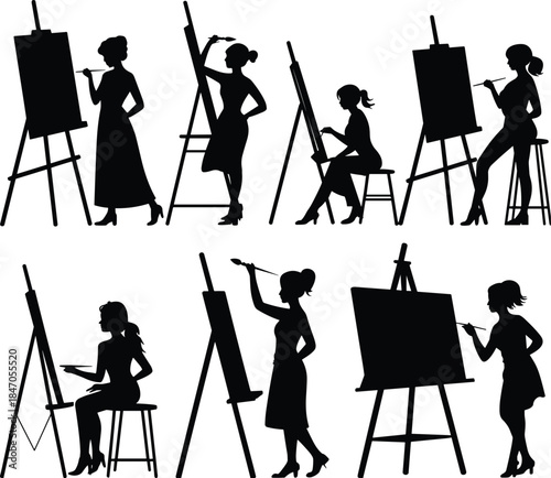 Silhouettes of women painting on easels in various poses