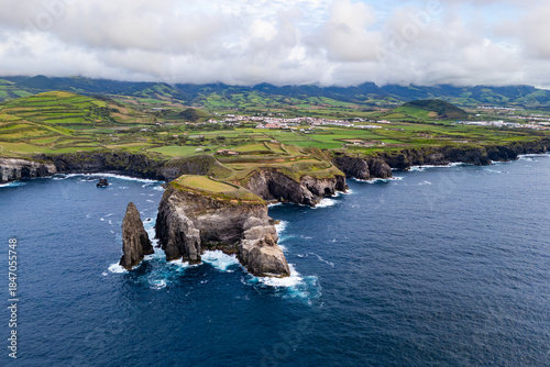 Canvas Print Basalt headland and wave-washed rocks on Sao Miguel, Azores, aerial view