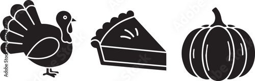 Thanksgiving holiday symbols silhouette turkey pie pumpkin isolated on for festive celebrations