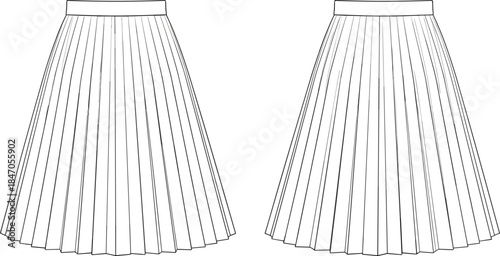 Pleated skirt technical flat, front and back view, fashion apparel template, womens clothing illustration design