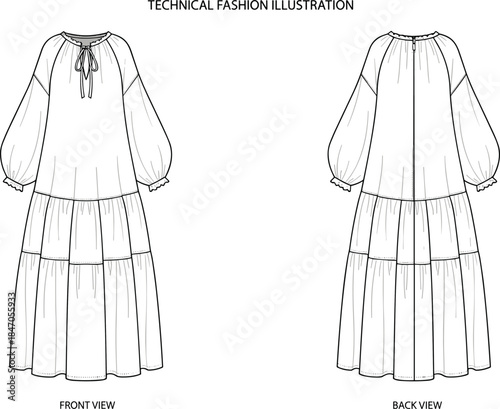 Women boho tiered maxi dress technical fashion illustration front and back view casual elegant apparel vector sketch