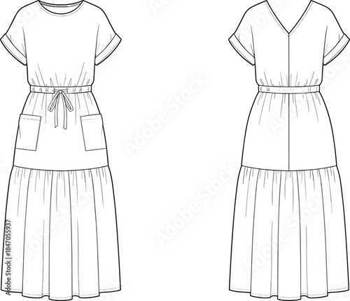 Women elastic waist tiered midi dress technical line illustration front and back view casual fashion apparel vector