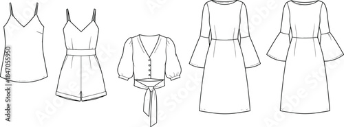 Women fashion clothing set technical line illustration tops romper blouse and dresses collection front view apparel vector