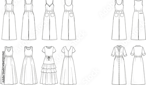 Women fashion dress and jumpsuit technical flats, front and back views, apparel clothing design illustration set