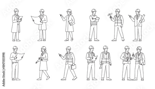 Architects & Construction Workers Vector – People in Editable Rows, Flat Design Illustration
