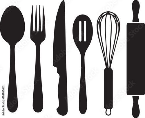 Collection of kitchen utensils silhouettes including spoon fork knife slotted spoon whisk and rolling pin