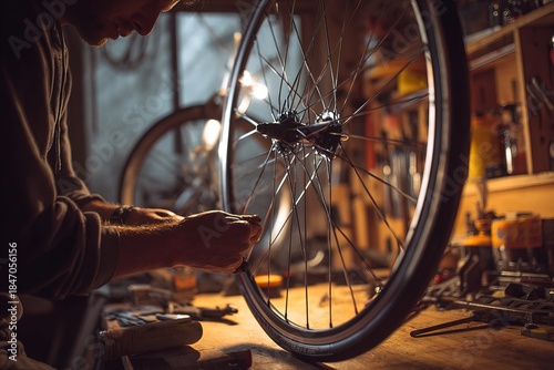 person works on bicycle wheel in workshop during evening. Tools are spread on wooden table. setting is illuminated by warm light