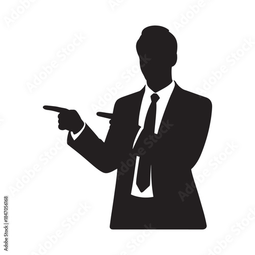 A silhouette of a man in a suit pointing forward with determination