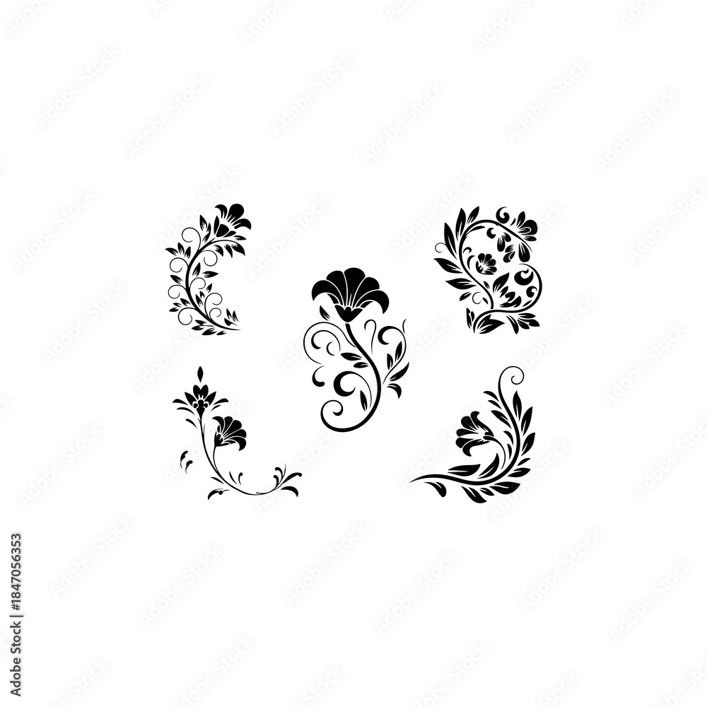 Fototapeta premium collection of 5 ornate floral ornaments, solid black fill, vector, white background
