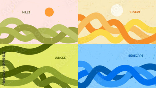 Vector illustration. Modern graphic with grunge texture. Minimalist abstract shapes. Design elements for web banner, website template, landing page. Flowing stripes feature natural landscape scene