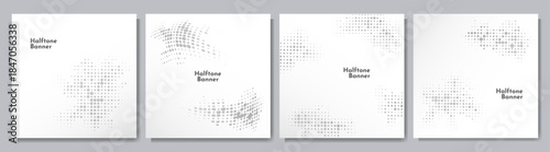 Vector illustration. Set of gray color halftone dots banners. Dotted spots pattern texture isolated on white background. Design elements for social media, web banner, blog post