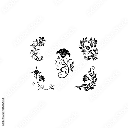 collection of 5 ornate floral ornaments, solid black fill, vector, white background