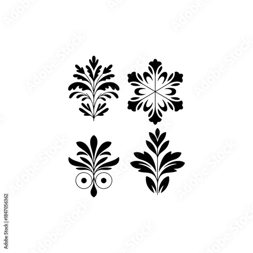 collection of 4 ornate floral ornaments, solid black fill, vector, white background