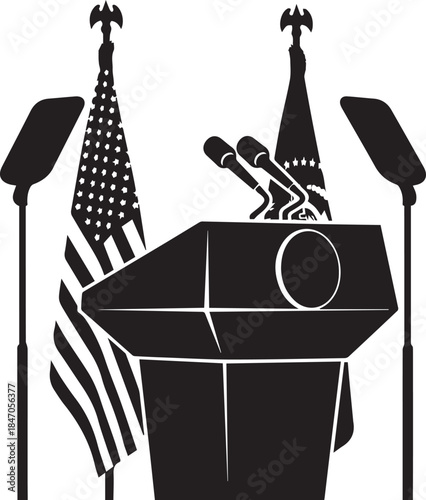 Presidential podium with american flags and microphones for a speech