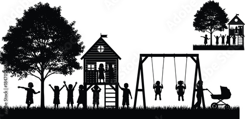 Children playing in playground silhouette with tree, swings, playhouse and grass, illustrating outdoor childhood fun, family life, community park activity scene