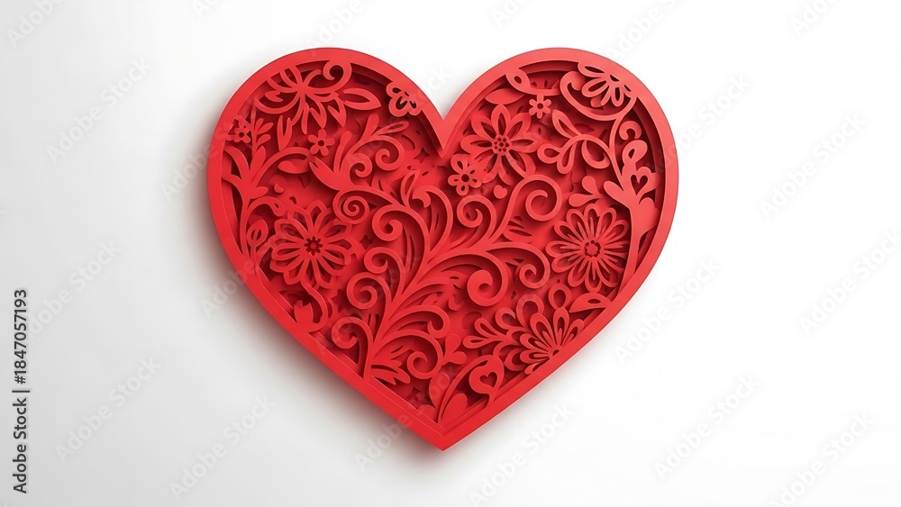 Fototapeta premium Ornate red paper craft heart with intricate floral design against a minimalist white background