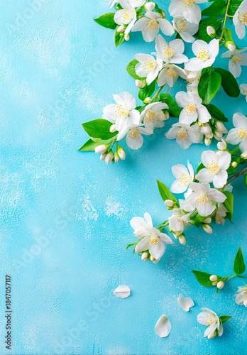 White jasmine flowers on a blue background. A top view of the white flower and buds with space for text to showcase the product. The blooming plant is perfect for decorating a spring Valentine's Day c