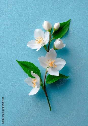 White jasmine flowers on a blue background. A top view of the white flower and buds with space for text to showcase the product. The blooming plant is perfect for decorating a spring Valentine's Day c