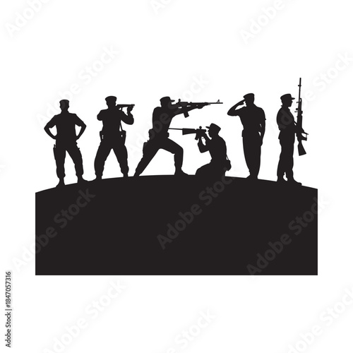Silhouette of soldiers in various combat poses against a dark background