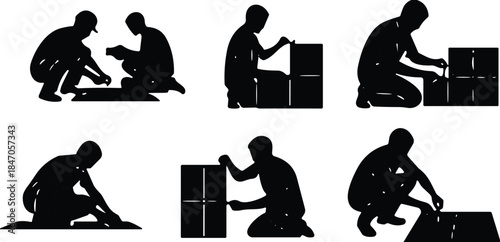 Silhouettes of people assembling, fixing and repairing objects, showing manual labor, craftsmanship, teamwork and technical work activities in various working poses