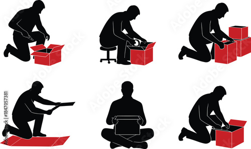 Silhouettes of workers assembling red cardboard boxes, showing packing, shipping, logistics and warehouse tasks, manual labor process and industrial work illustration