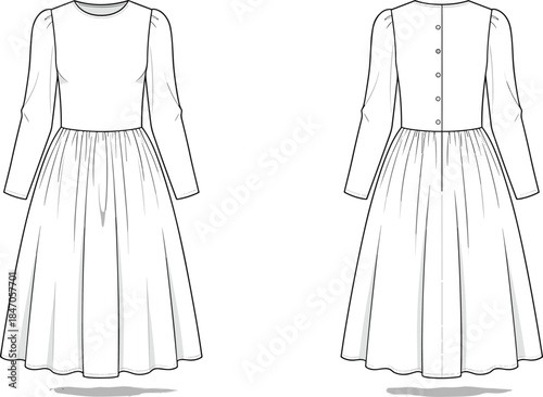 Women long sleeve gathered skirt midi dress technical line illustration front and back view classic fashion apparel vector