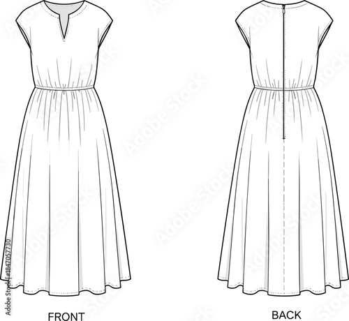 Women midi dress technical flat, front and back view, fashion apparel template, sleeveless gathered waist illustration