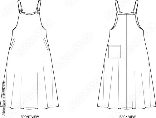 Women pinafore midi dress technical line illustration front and back view casual fashion apparel vector flat sketch