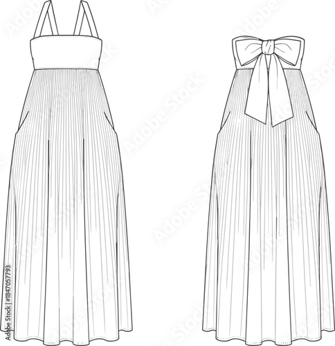 Women pleated strap maxi dress with back bow detail technical fashion illustration front and back views