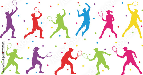 Colorful silhouettes of diverse male and female tennis players in various dynamic poses with rackets, set against a fun, vibrant background with scattered dots.
