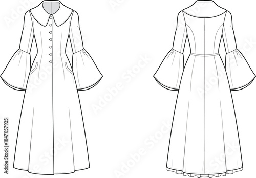 Women vintage button front bell sleeve midi dress technical line illustration front and back view elegant fashion vector