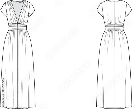 Women V-neck maxi dress with short sleeves waistband detail technical fashion illustration front and back views