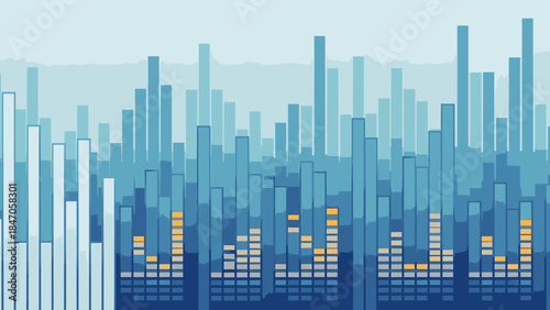 Abstract blue and yellow audio visualizer bars representing sound waves and frequencies in a digital spectrum, representing music or data analysis