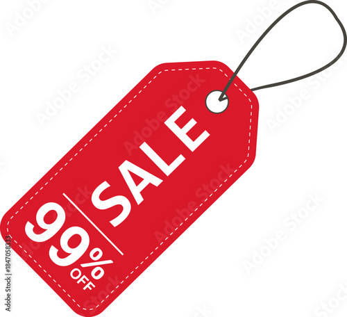 Sale label. Red price tag with a 99% discount. Sale symbol. To attract customer attention. Promotions and discounts. Cheaper than the regular price. Great buy. Special price offer.