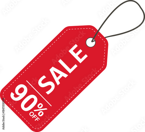 Sale label. Red price tag with a 90% discount. Sale symbol. To attract customer attention. Promotions and discounts. Cheaper than the regular price. Great buy. Special price offer.