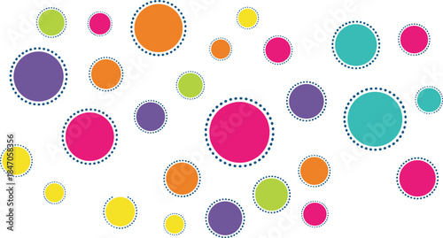 Abstract vector background design featuring colorful, variously sized polka dots and circles with decorative dashed outlines scattered on a white background.
