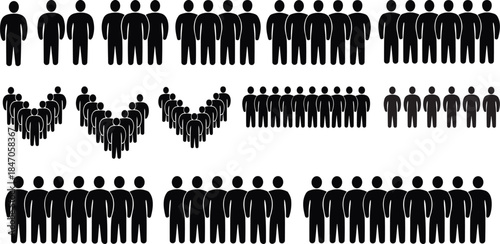 Diverse Black Silhouette People Representing Population, Teamwork, and Social Grouping Structures for Demographic and Organizational Concepts on White.