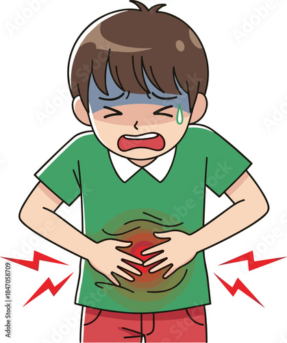 Cartoon person suffering stomach pain with tear, clutching belly, red zigzag pain lines, digestive discomfort, medical symptom illustration