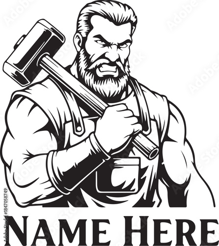 Bearded Carpenter Holding Hammer Vector Illustration