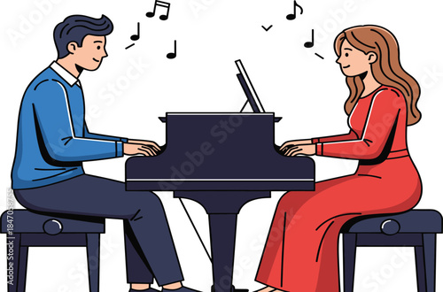 Cartoon piano duet, two people playing, musical performance, teamwork, harmony, grand piano illustration, creative art, music collaboration, concert scene, melody