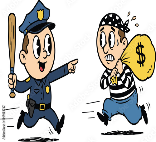 Cartoon police, chasing thief, crime scene, law enforcement, funny illustration, vector art, stolen money, action pose, criminal character, dynamic design