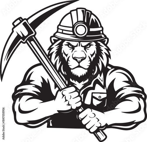 Strong lion with a pickaxe wearing a construction helmet in a black and white illustration