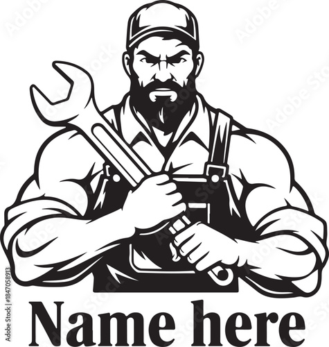Strong mechanic man holding wrench with beard and cap