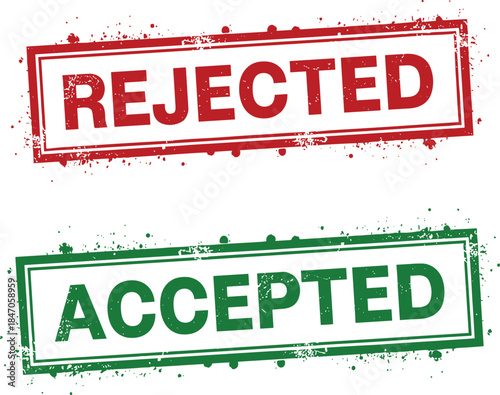 Set of grunge rubber stamps in red and green rectangular frames with the words Rejected and Accepted isolated on a white background.